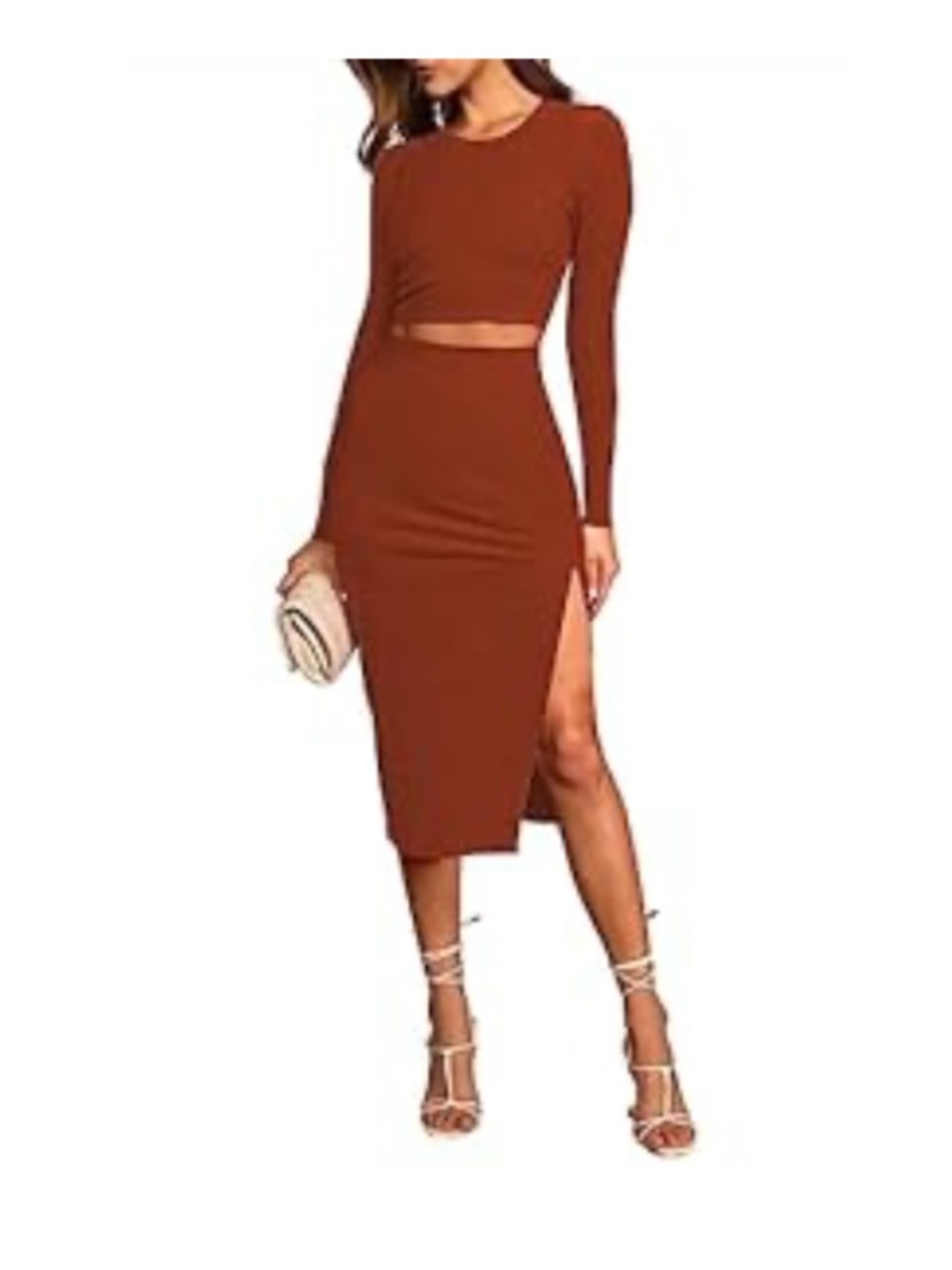 Rust Two-Piece Long Sleeve Crop Top & Midi Skirt Set